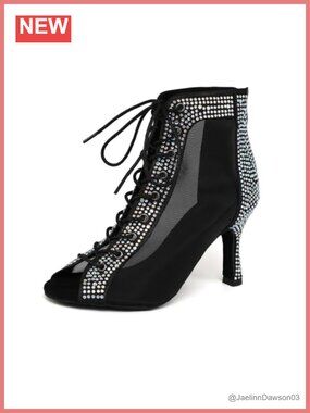 Rhinestone Latin Ballroom Dance Boots Peep Toe Mid Top Ankle Heels